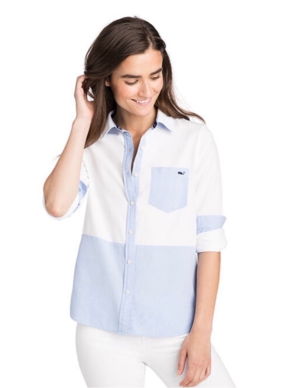 Vineyard Vines White and Light Blue Relaxed Button-Down Shirt